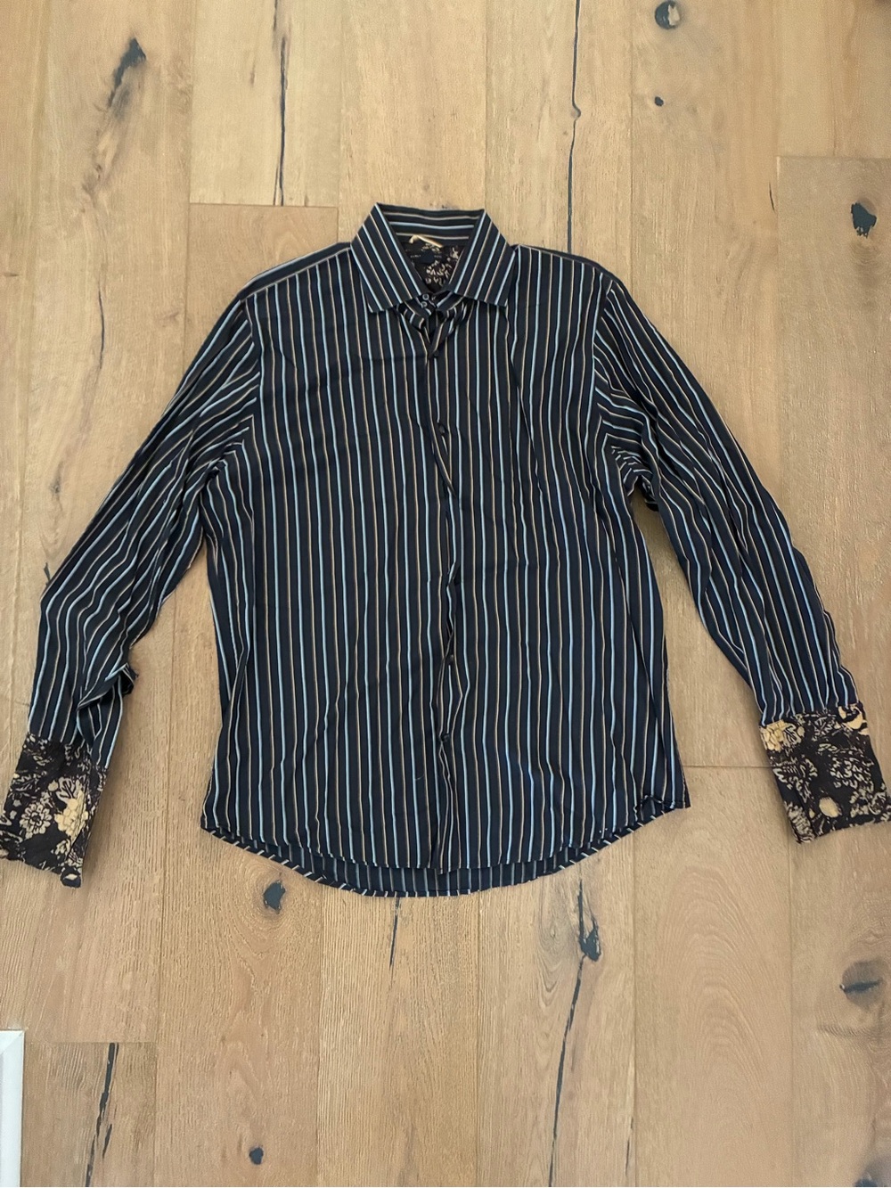 Banana Republic Black Button-Down Shirt with Gray and Brown Stripes